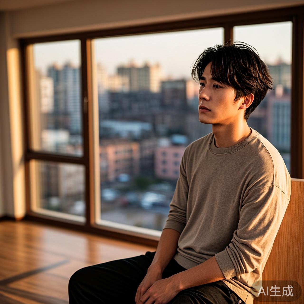 傍晚窗前独处的年轻人