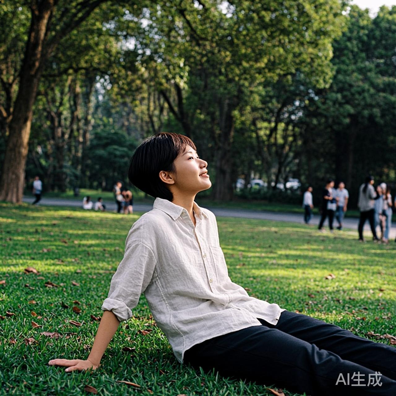 一个人周末独自坐在公园草地