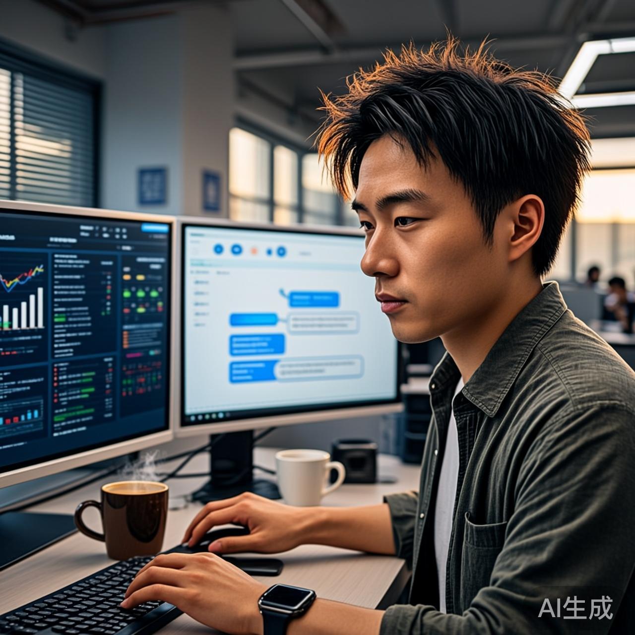 现代开放式办公室中程序员工作的场景