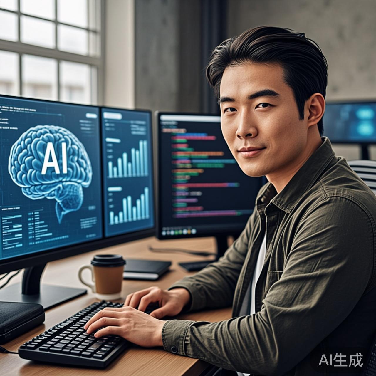 程序员在多个AI监控屏前工作