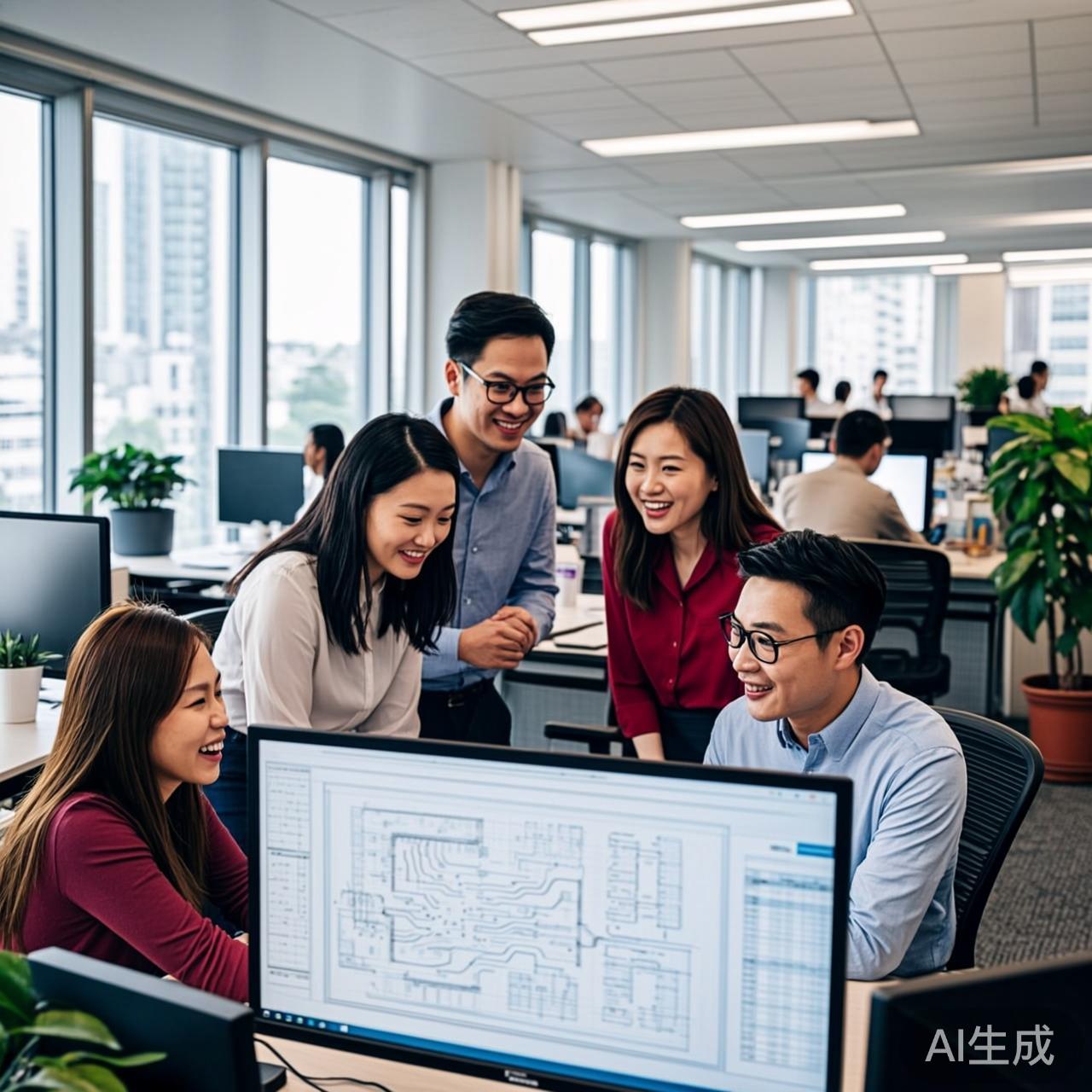 开放式办公室中工程师团队在显示器前讨论芯片架构