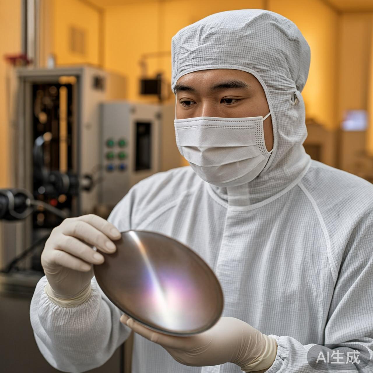 芯片工程师在洁净实验室检查晶圆