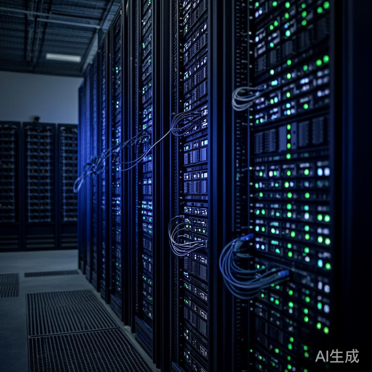 服务器机房中闪烁的数据指示灯，象征AI内容洪流