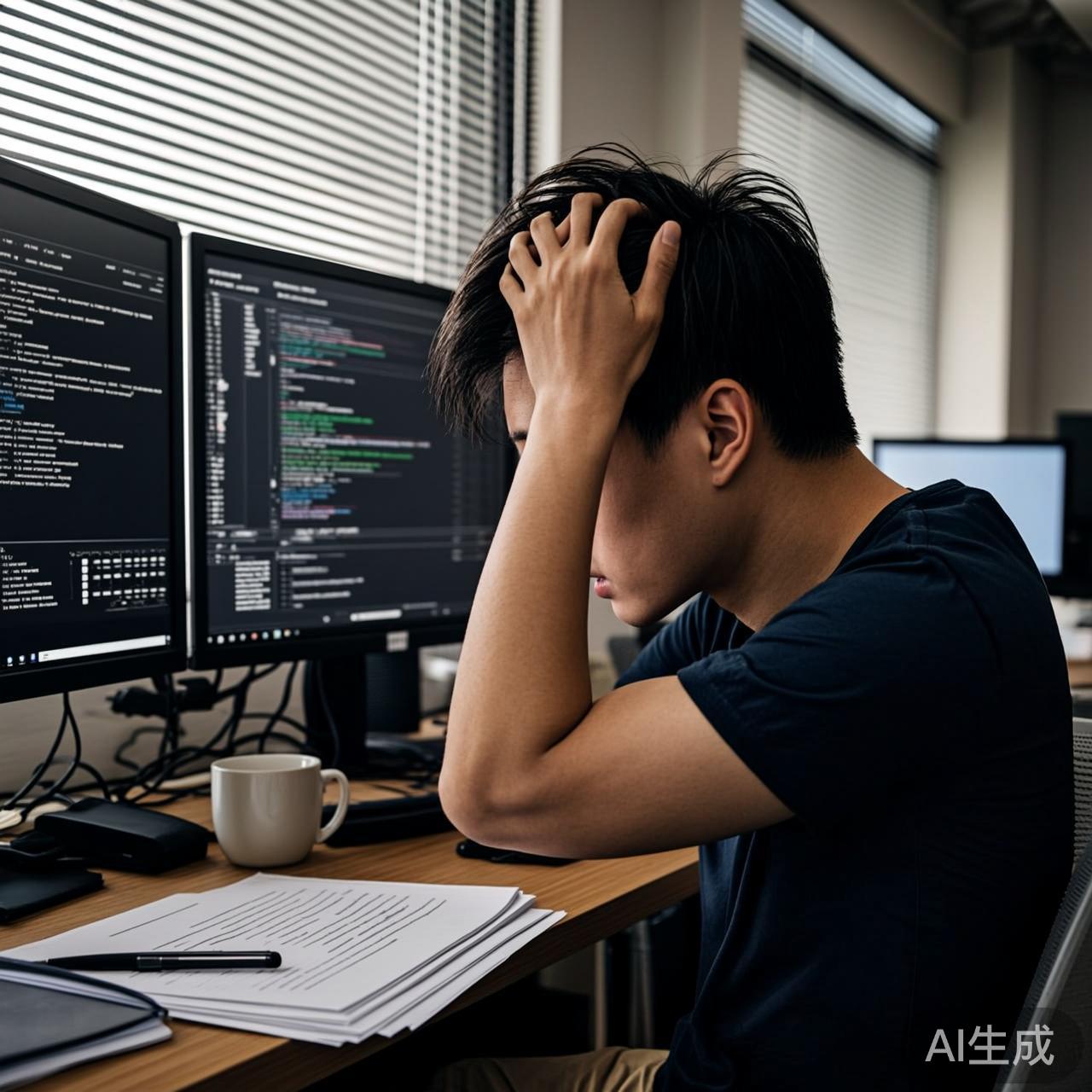 一位程序员坐在开放式办公室工位上，面前双屏显示AI自动生成代码的界面，他双手抱头，神情茫然沮丧