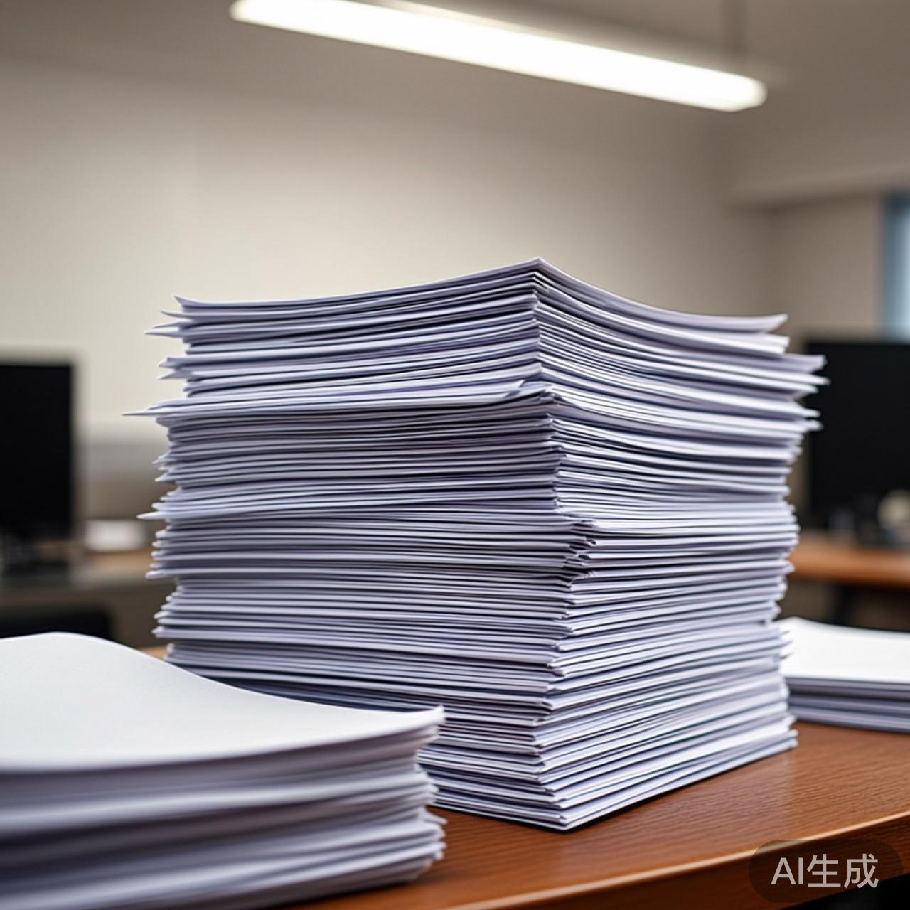 堆满相同文件的办公桌