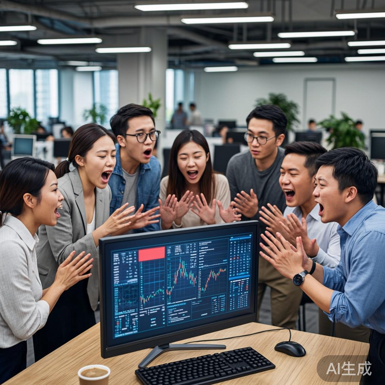 办公室里废弃的AI项目仪表盘，屏幕显示错误信息，团队在争论