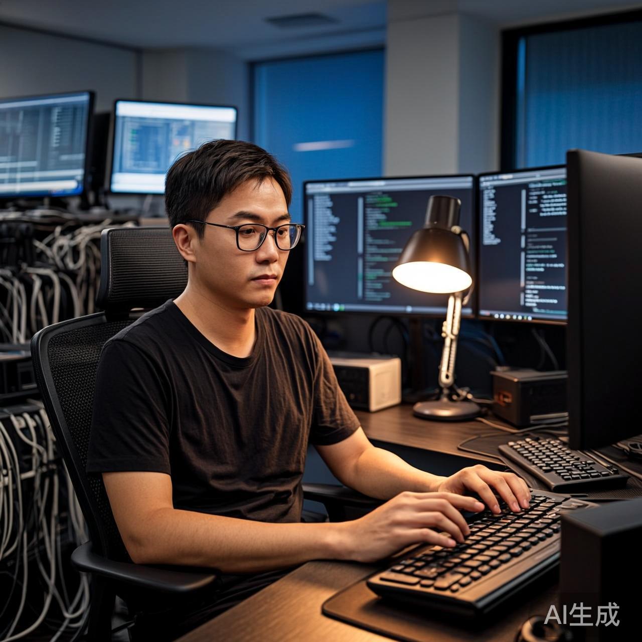 程序员在工位上借助AI工具工作