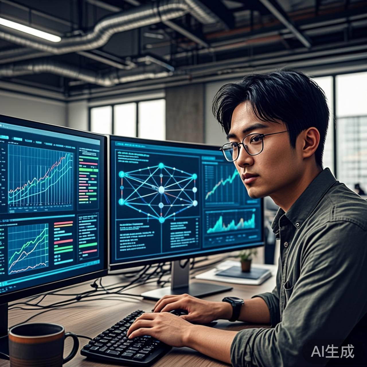 真实科技办公室场景，程序员坐在多屏工作站前，屏幕上显示着数据可视化和AI模型训练界面，现代工业风办公室，自然光与屏幕光混合
