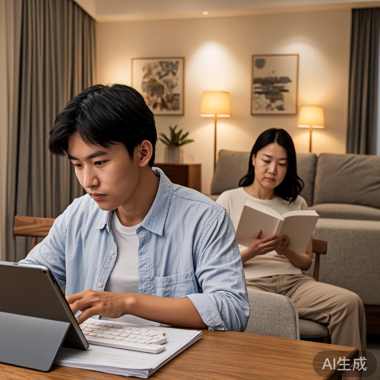 真实的中国家庭客厅里，中学生正在用平板和AI辅导系统学习
