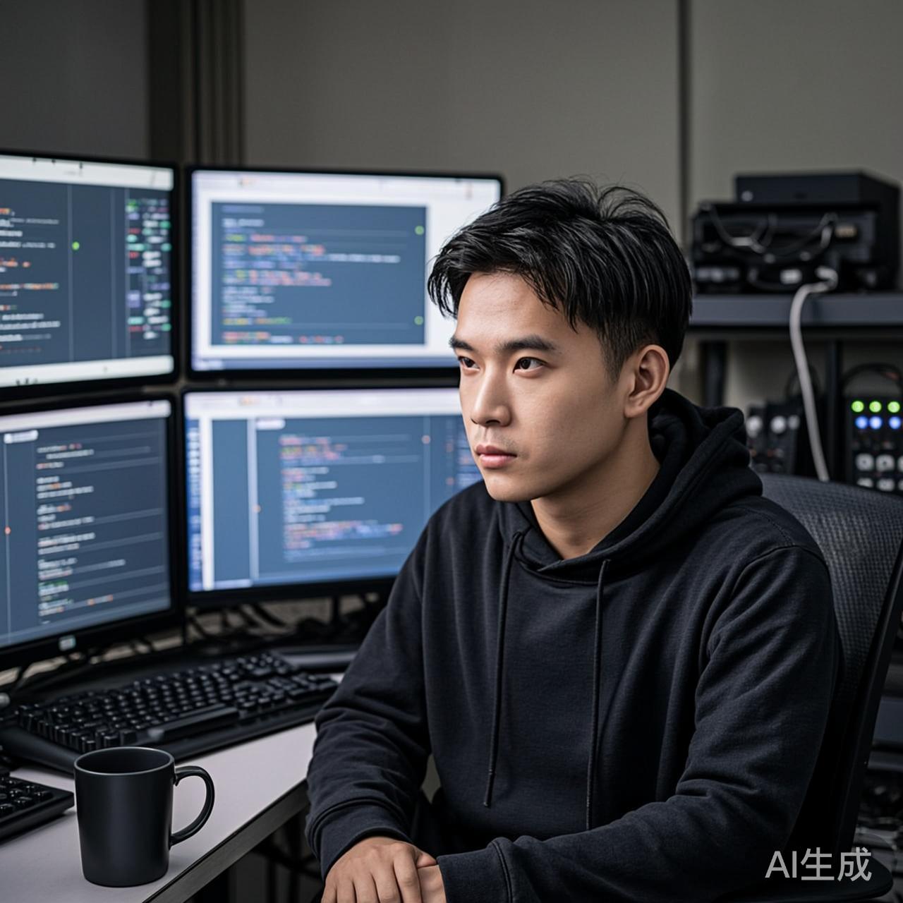 一个程序员独自坐在工位前，五块屏幕上同时运行着不同的AI Agent，实时数据流在屏幕上跳动