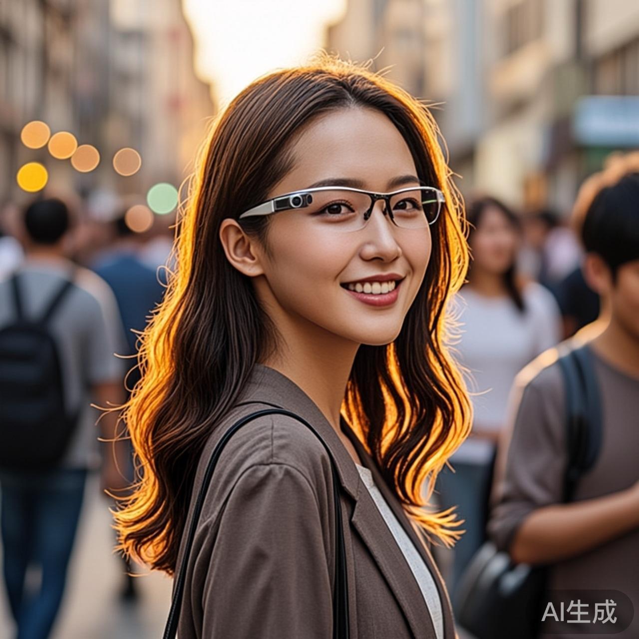 一位年轻女性戴着AI智能眼镜走在城市街道上，眼镜镜腿发出微光