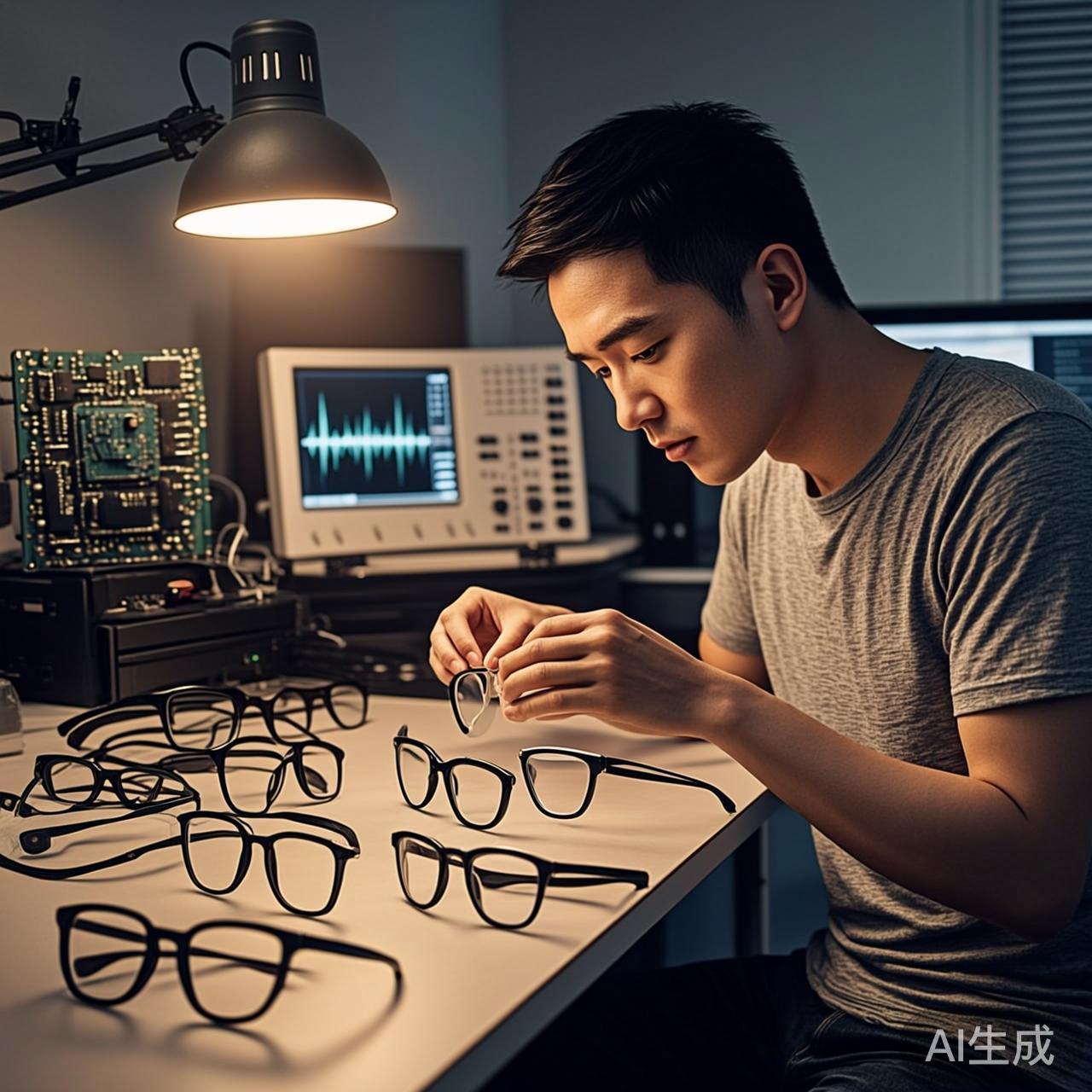 工程师在实验室测试AI智能眼镜原型，桌上放着各种镜框和微型投影模块