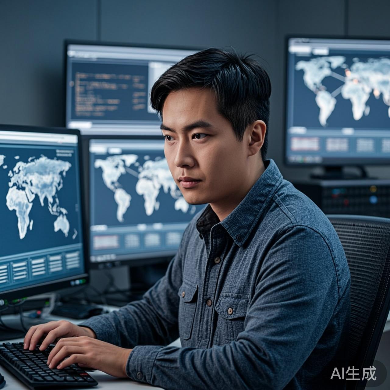 安全工程师盯着屏幕上的入侵警报