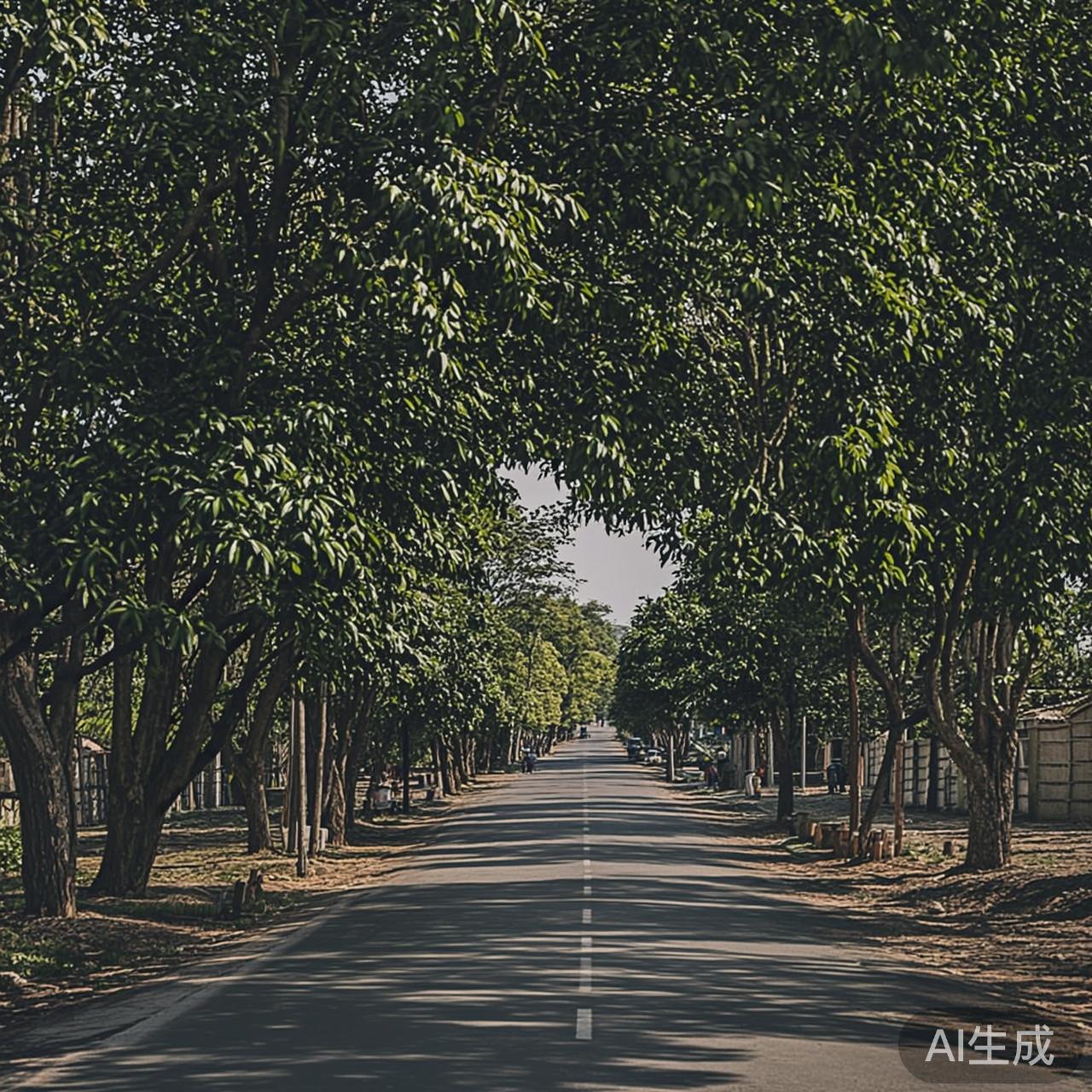 午后阳光透过茂密的梧桐叶，在老城区街道上投下斑驳光影，远处有老人摇着蒲扇乘凉