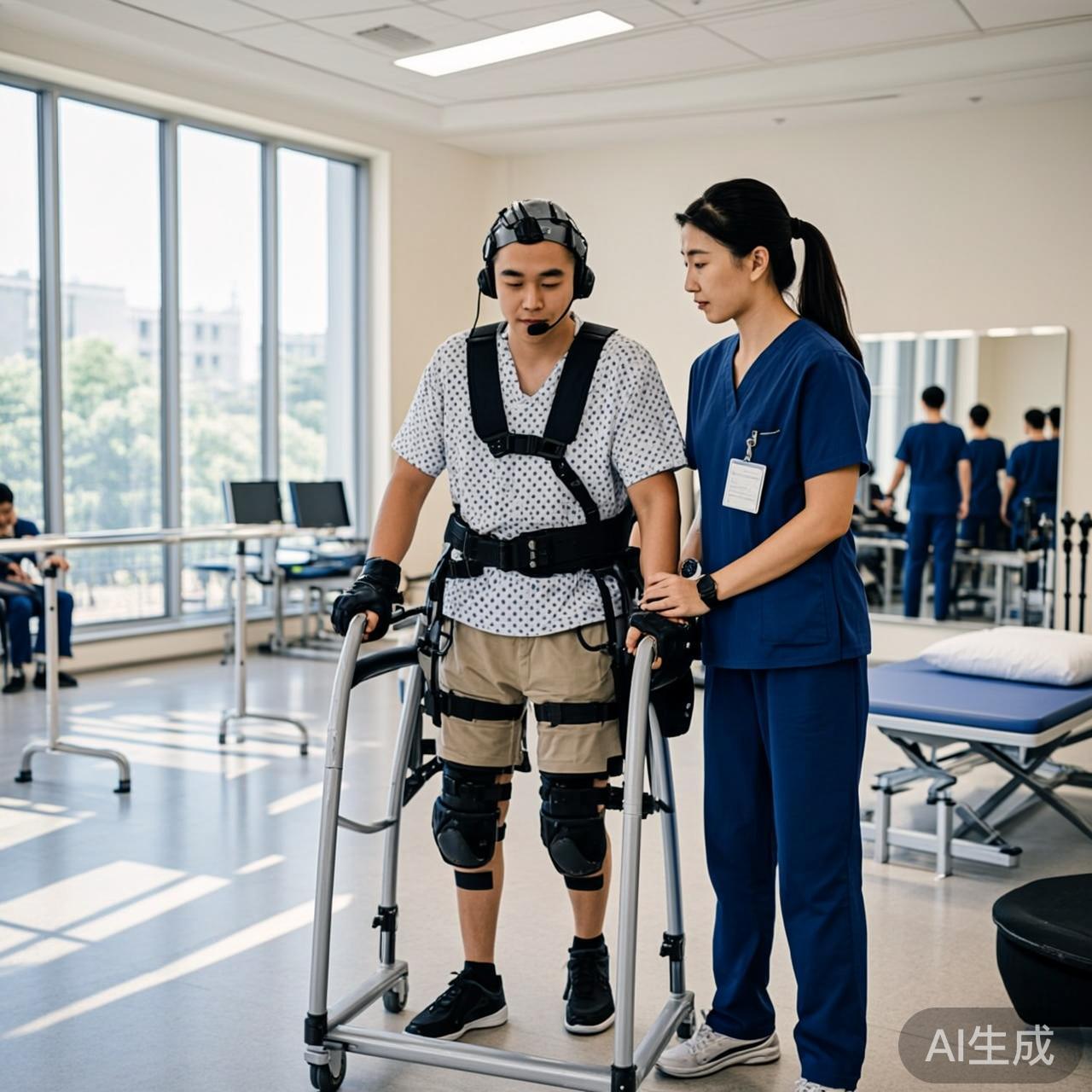 康复中心里一位患者在医生帮助下用意念控制外骨骼行走