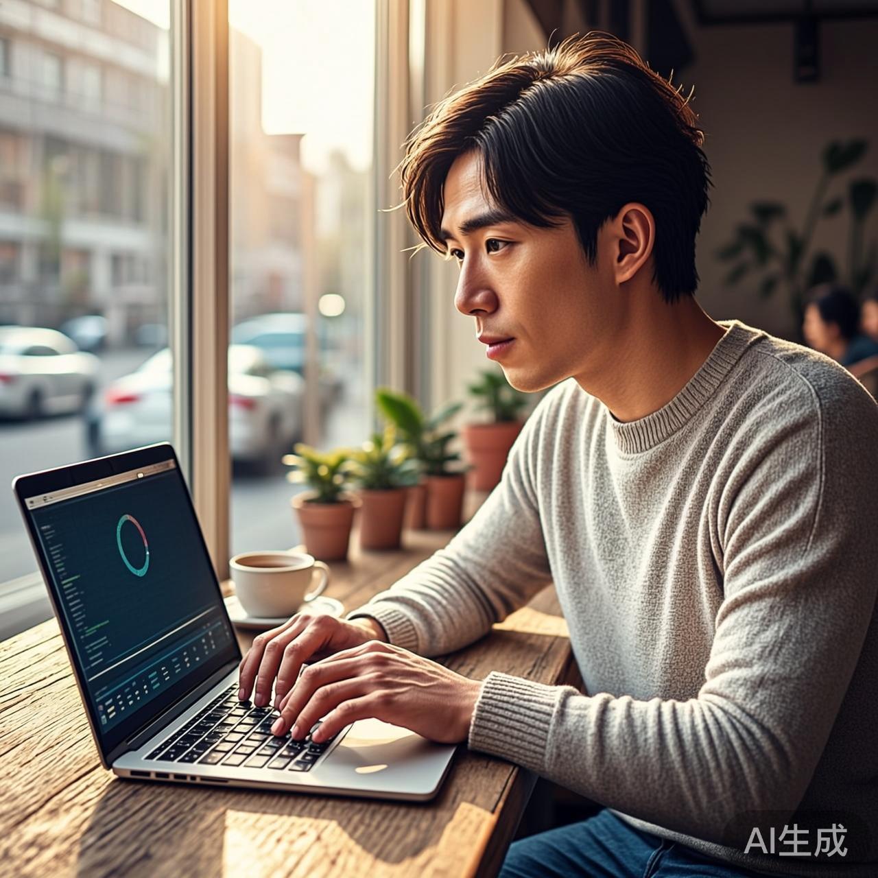 咖啡店里断网使用AI的职场人