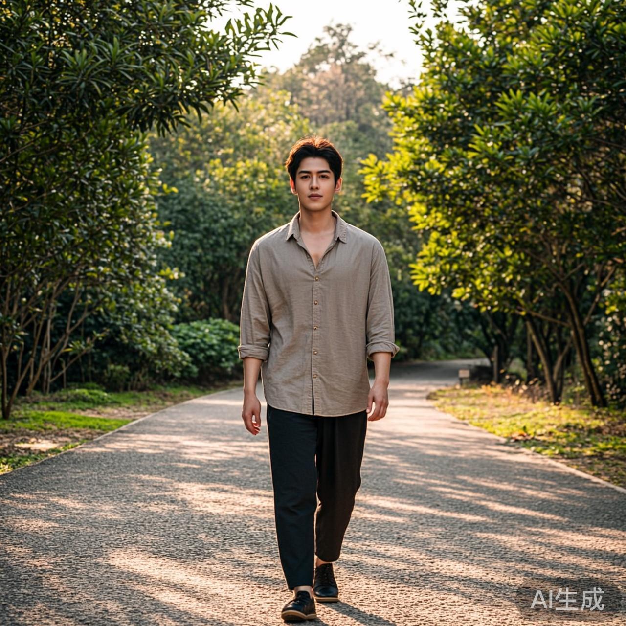 一个人走在公园小径上