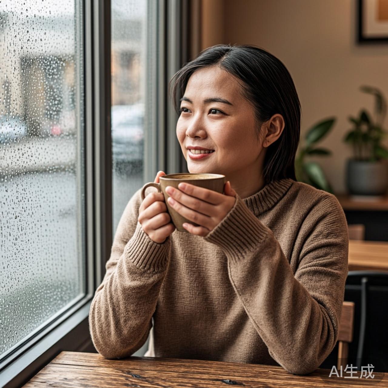 一个人坐在咖啡馆角落,双手捧着咖啡杯,安静地看着窗外