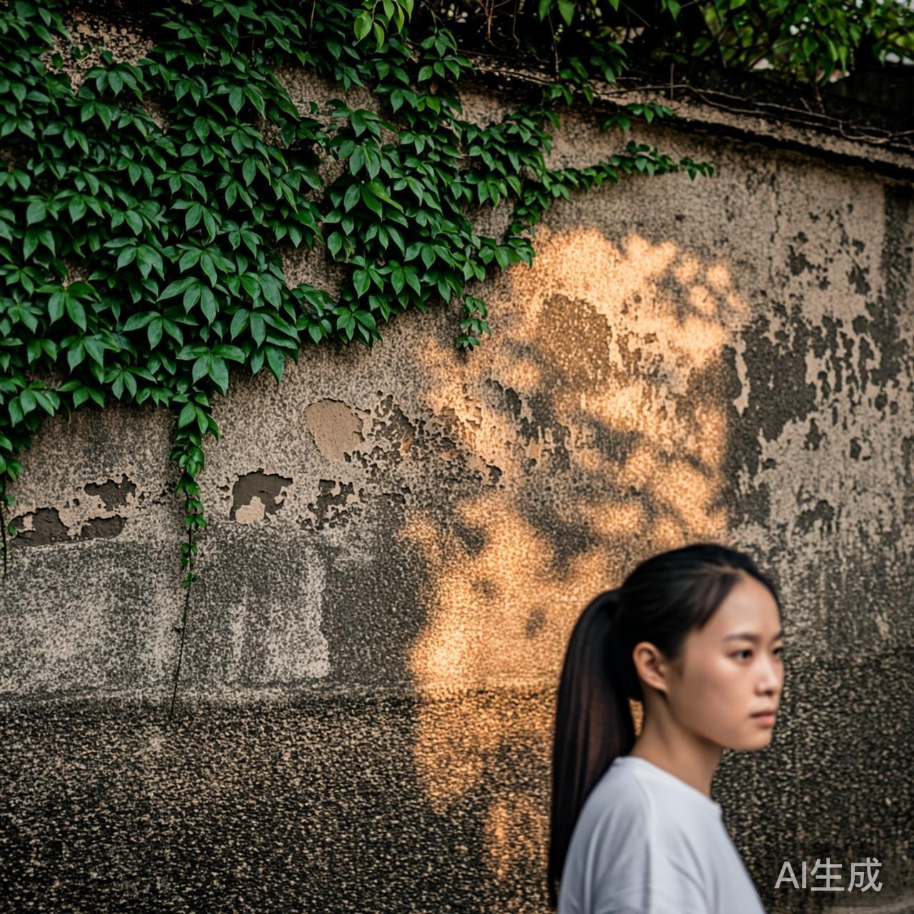 街角偶遇的风景，阳光穿过树叶洒在老墙上