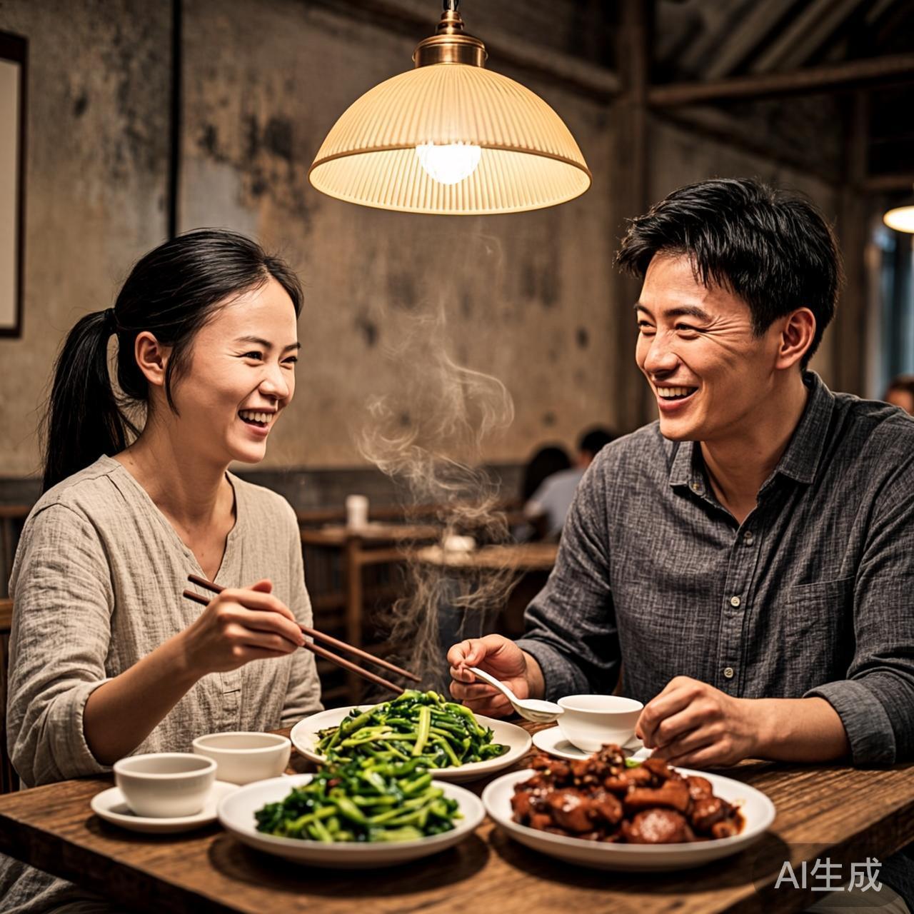 一个小餐馆里,两个人面对面坐着吃饭聊天,桌上几道家常菜,暖黄色灯光