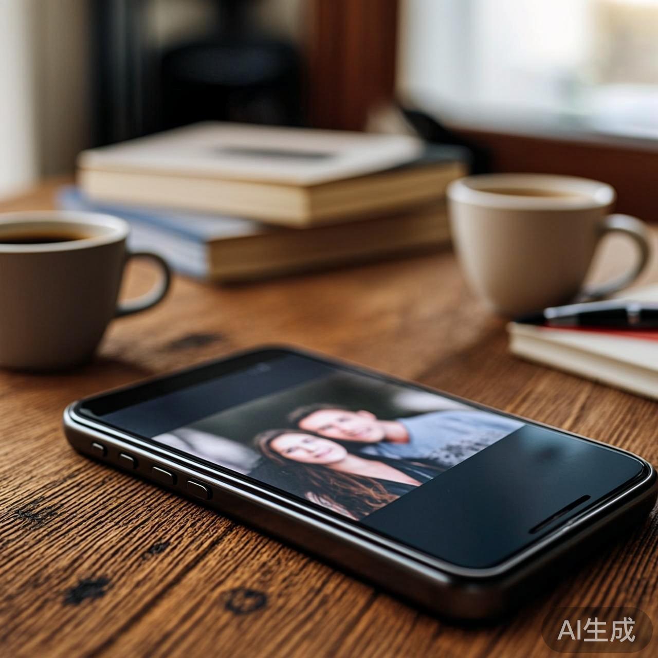 杂乱的桌面上一部手机亮着屏幕,上面是一张模糊的家庭老照片