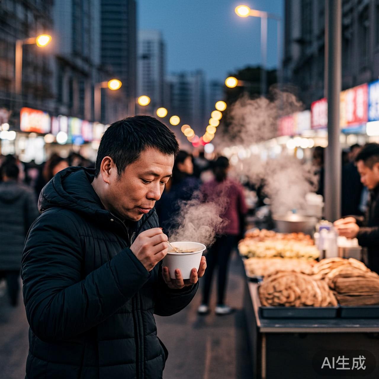 傍晚的街头小吃摊，一个人站在摊前端着热腾腾的小吃，街灯初上，人群熙攘