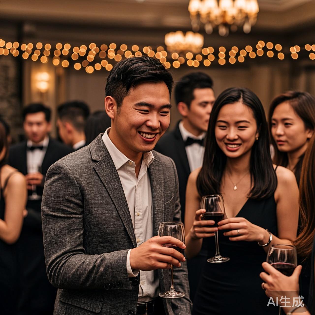 一个人在热闹的聚会中勉强挤出笑容