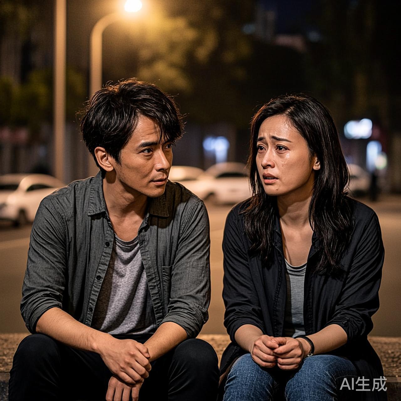 两个朋友坐在深夜的台阶上聊天，一个人侧头倾听另一个