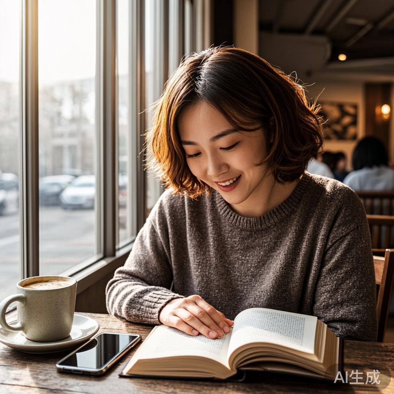 一个人坐在靠窗的咖啡馆座位上，手边放着一本书和一杯咖啡，阳光洒在桌面上，手机屏幕朝下扣在桌上，写实街拍风格