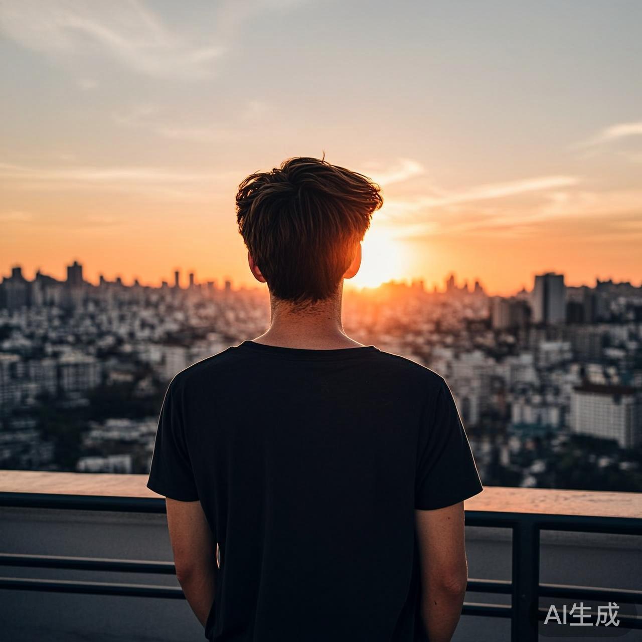黄昏时分一个人站在天台上眺望城市，夕阳橙金色的光线，背影松弛自然，写实摄影风格