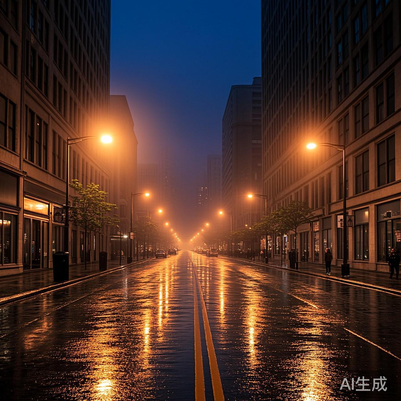 空荡的街道，只有几盏窗户亮着灯