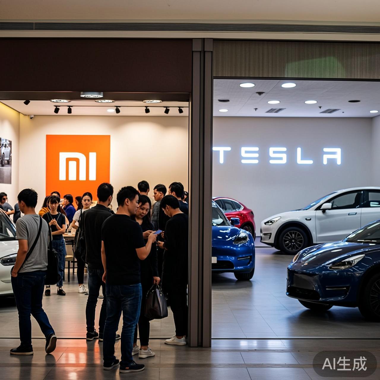 特斯拉展厅冷清，对面小米汽车门店人潮涌动